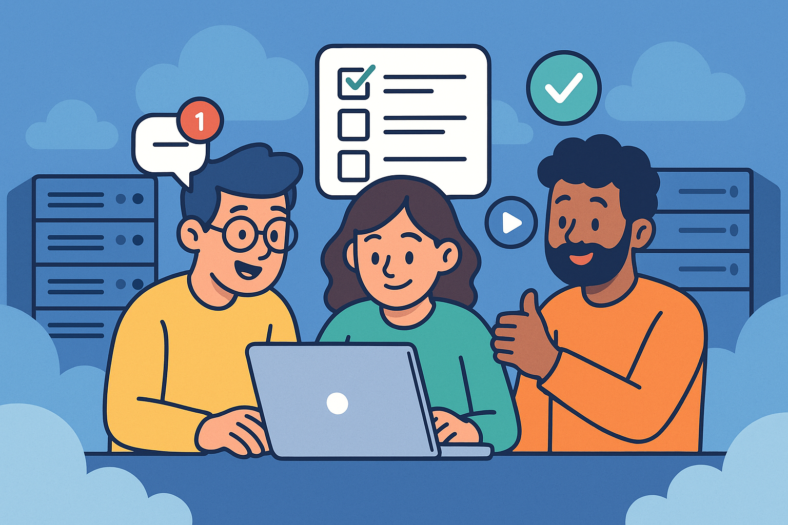 Illustration of team collaborating on laptop in a cloud-based server room setting, with a relaxed mood.