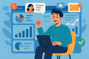 Illustration of digital interface with analytics in a data dashboard interface setting, with a relaxed mood.