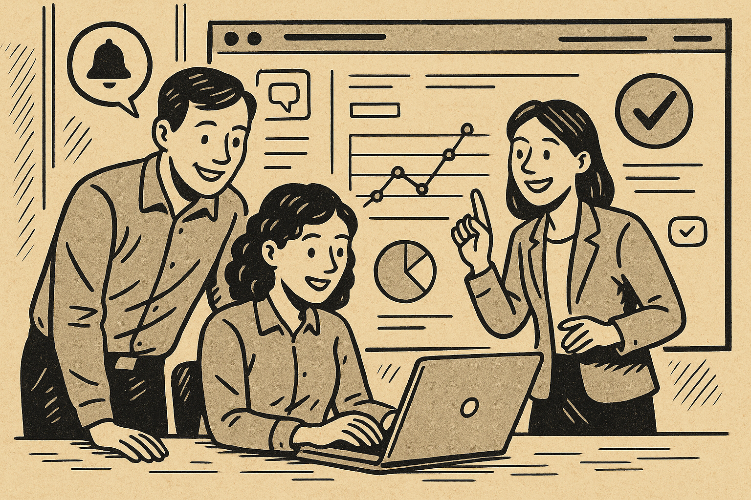 Illustration of team collaborating on laptop in a data dashboard interface setting, with a relaxed mood.