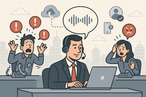 Illustration of business professional on headset in a connected city skyline setting, with a focused mood.