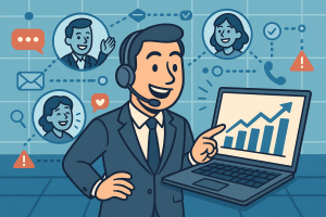 Illustration of business professional on headset in a digital communication grid setting, with a happy mood.