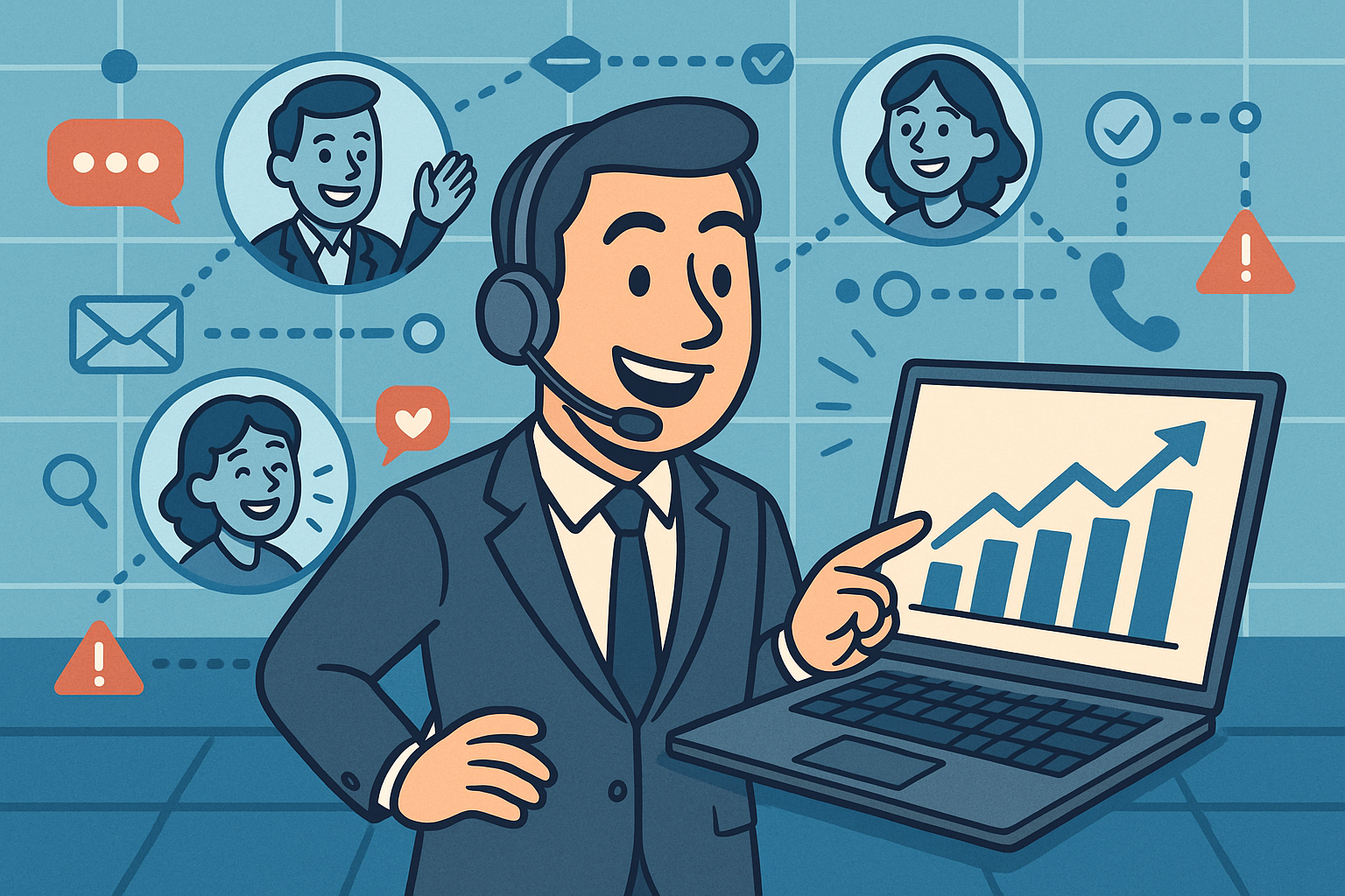 Illustration of business professional on headset in a digital communication grid setting, with a happy mood.