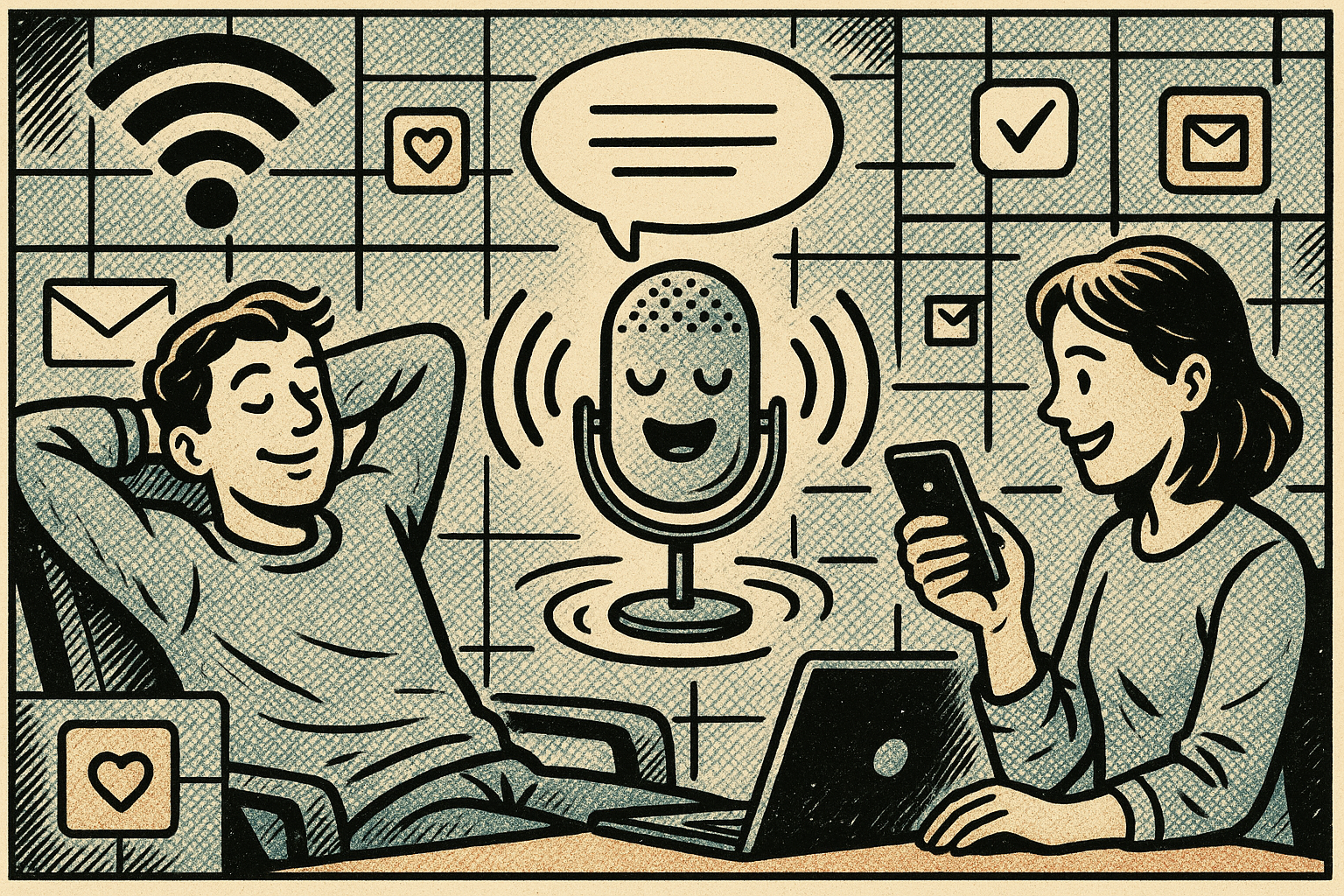 Illustration of ai voice assistant concept in a digital communication grid setting, with a relaxed mood.