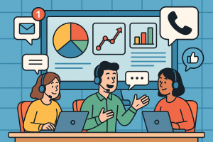 Illustration of digital interface with analytics in a digital communication grid setting, with a creative mood.