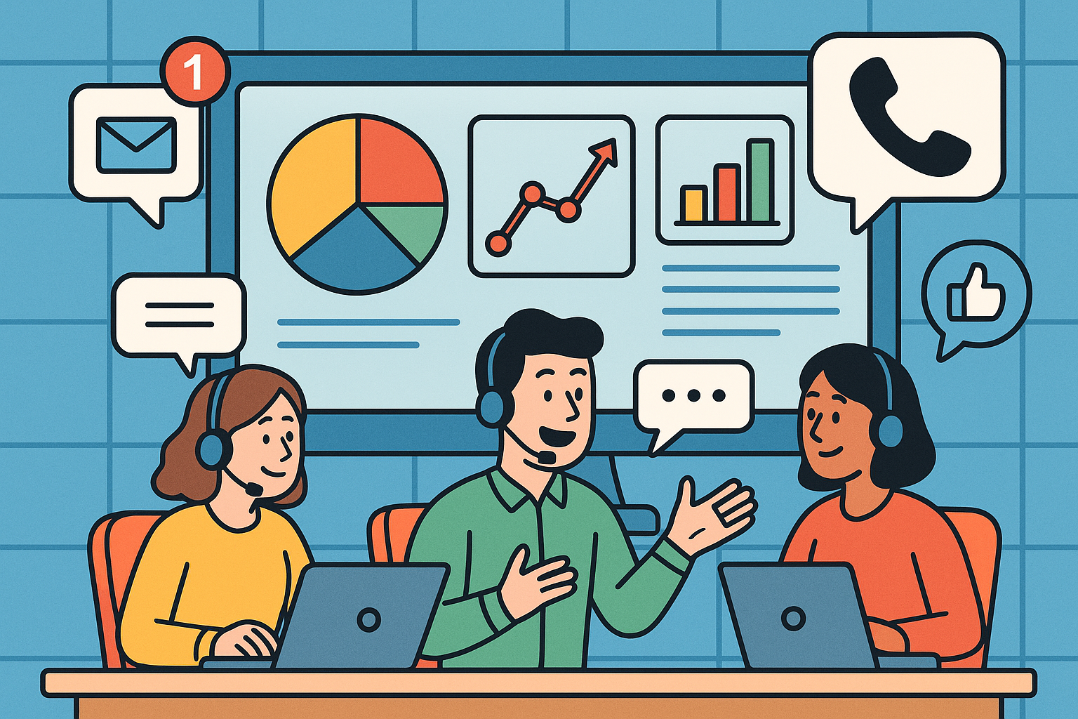 Illustration of digital interface with analytics in a digital communication grid setting, with a creative mood.