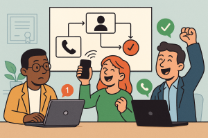 Illustration of call flow diagram in a minimalist business setting setting, with a happy mood.