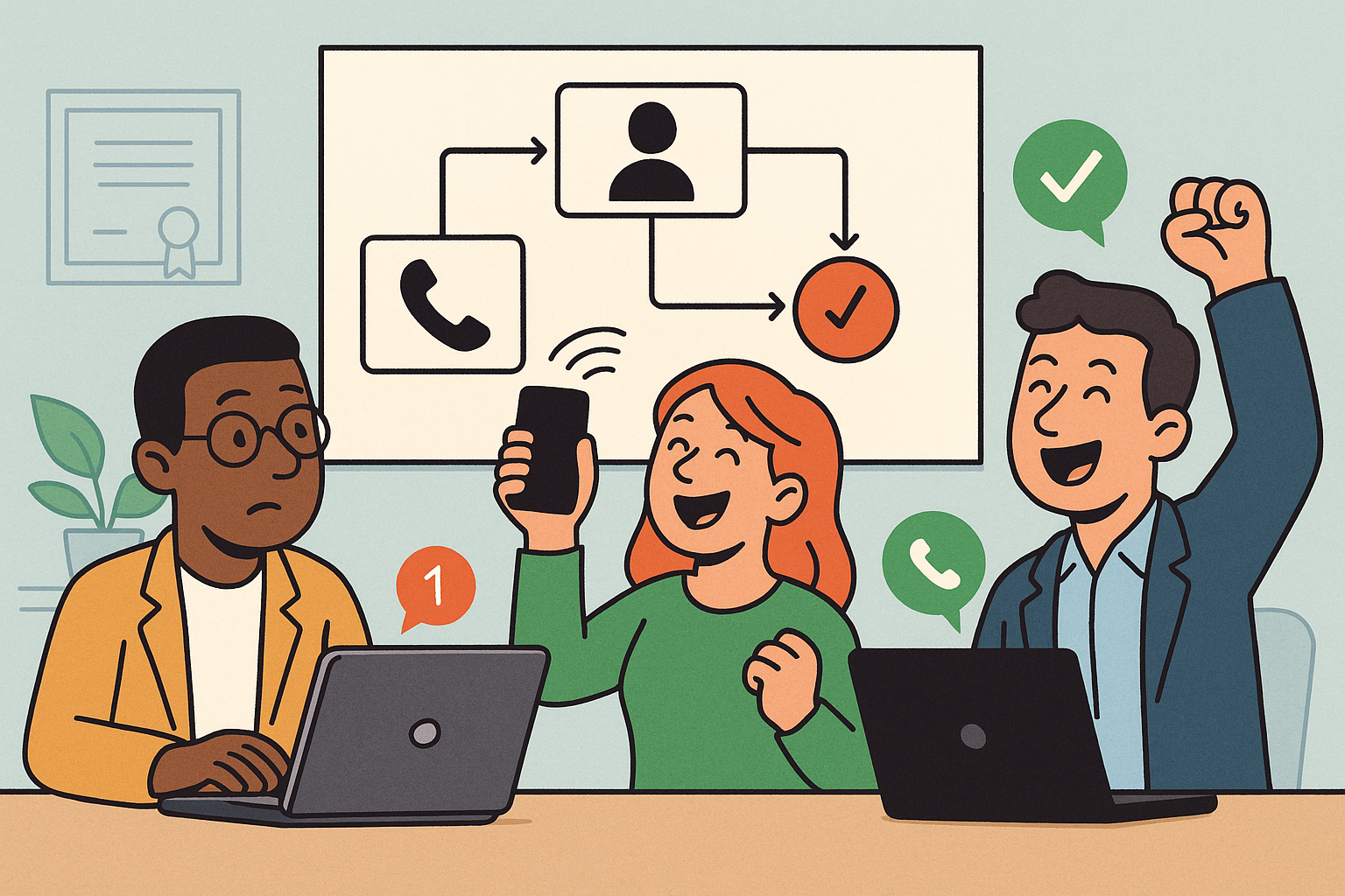 Illustration of call flow diagram in a minimalist business setting setting, with a happy mood.