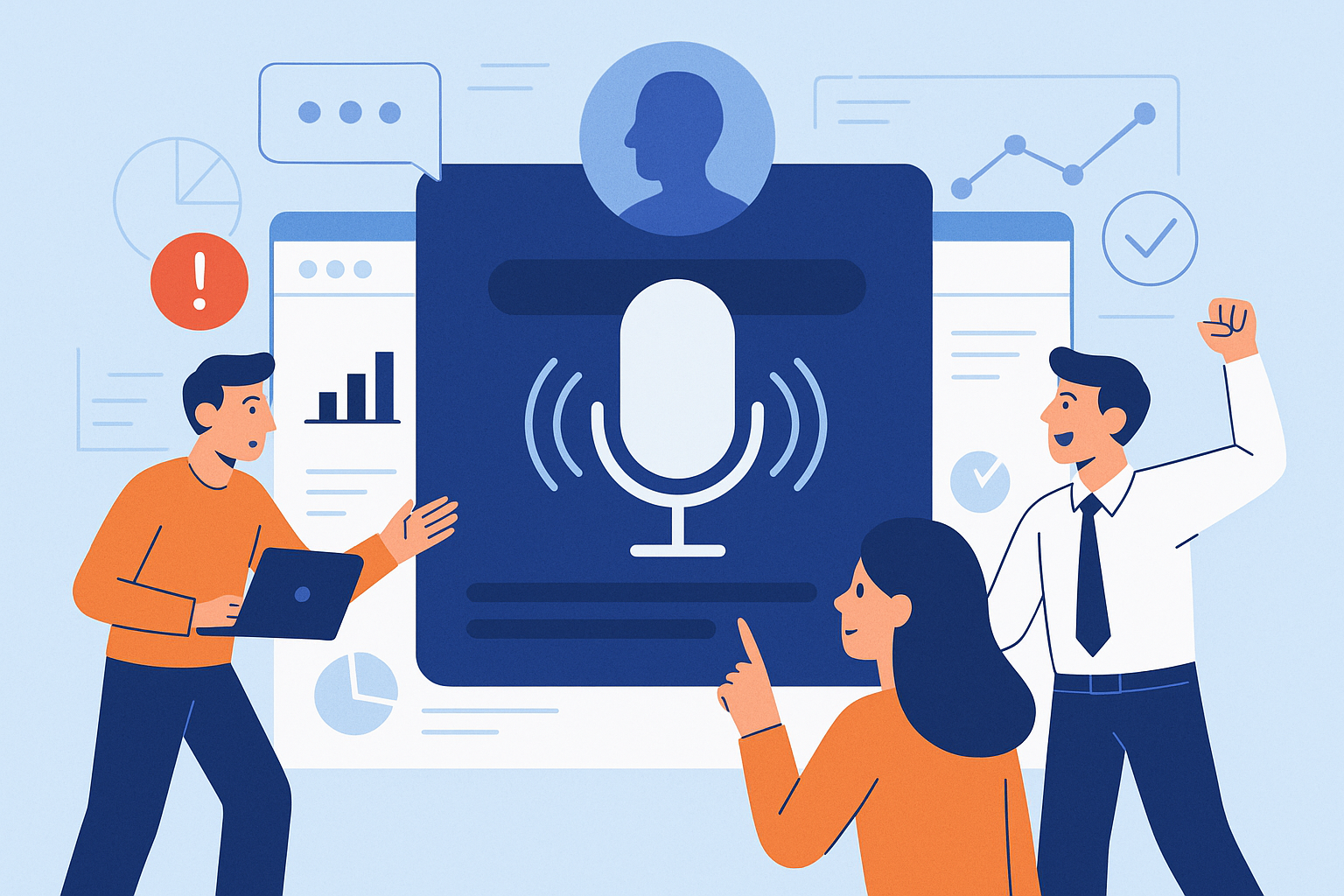 Illustration of ai voice assistant concept in a data dashboard interface setting, with a determined mood.