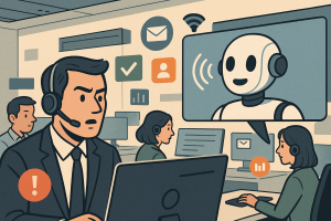 Illustration of ai robot speaking iconography in a high-tech workspace setting, with a focused mood.