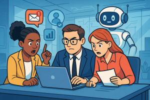 Illustration of team collaborating on laptop in a high-tech workspace setting, with a determined mood.