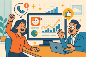 Illustration of digital interface with analytics in a modern office workspace setting, with a happy mood.