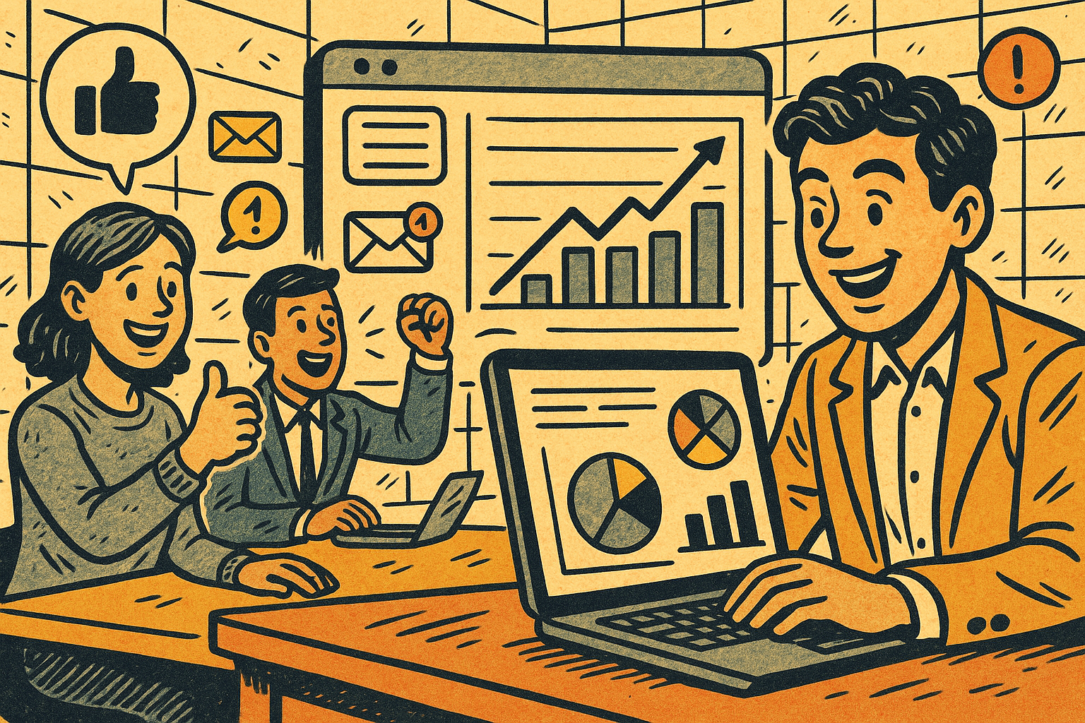 Illustration of digital interface with analytics in a digital communication grid setting, with a happy mood.
