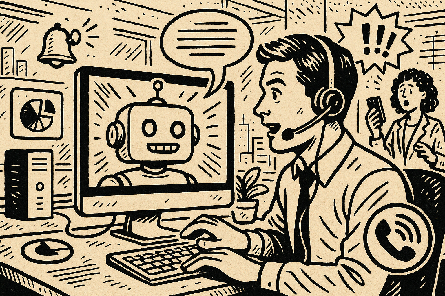 Illustration of ai robot speaking iconography in a high-tech workspace setting, with a creative mood.