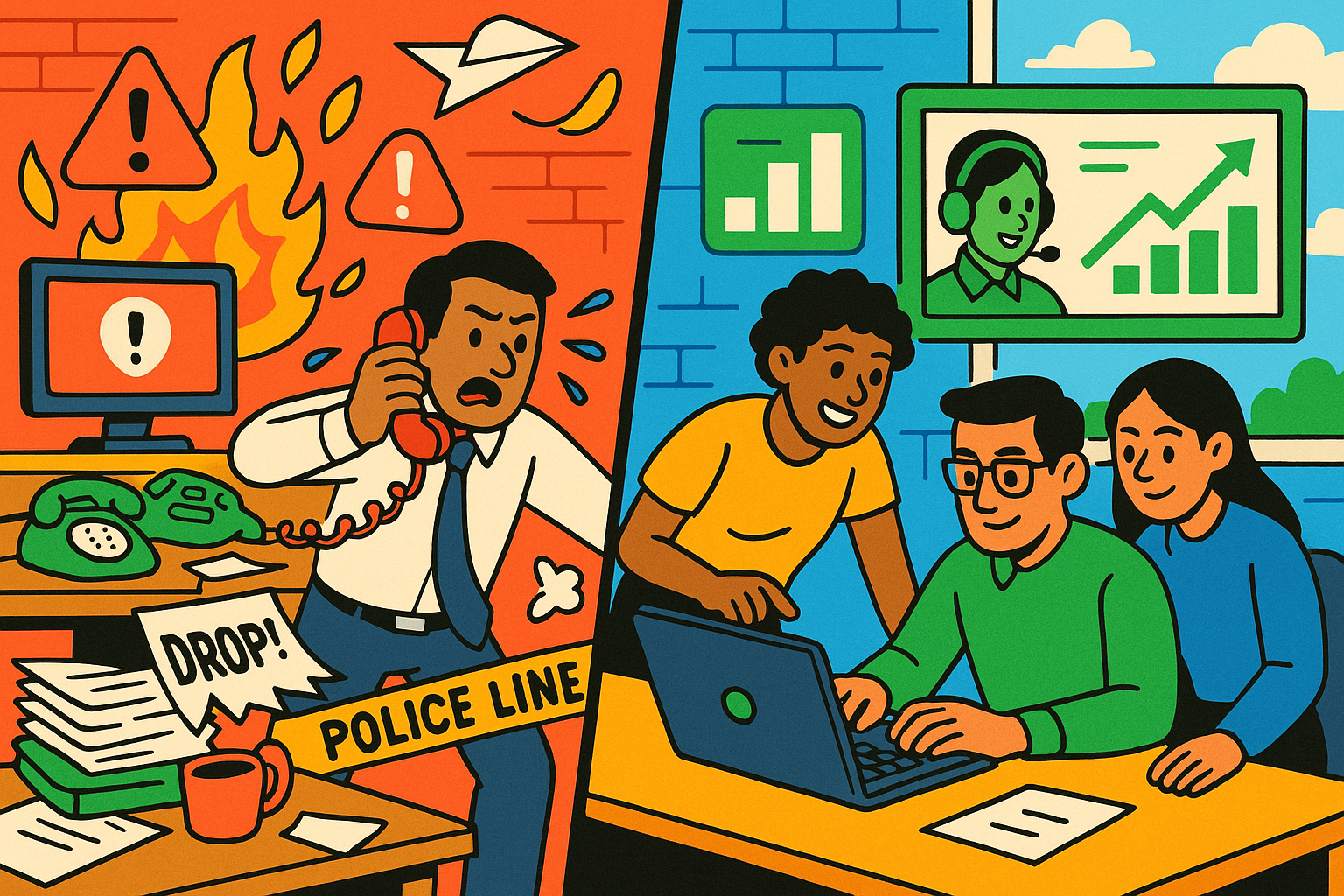 Illustration of team collaborating on laptop in a data dashboard interface setting, with a determined mood.