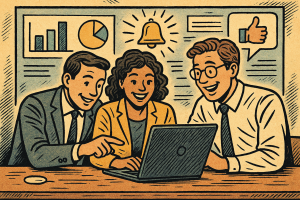 Illustration of team collaborating on laptop in a data dashboard interface setting, with a happy mood.