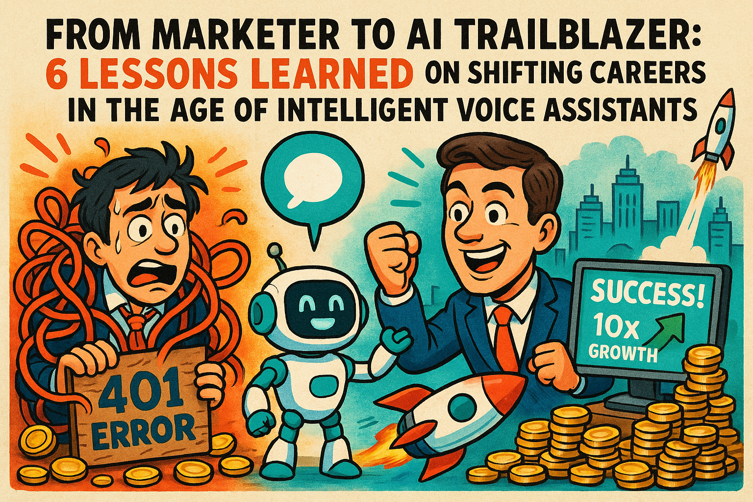 Illustration of ai robot speaking iconography in a connected city skyline setting, with a happy mood.