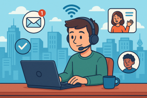 Illustration of customer support representative in a connected city skyline setting, with a focused mood.