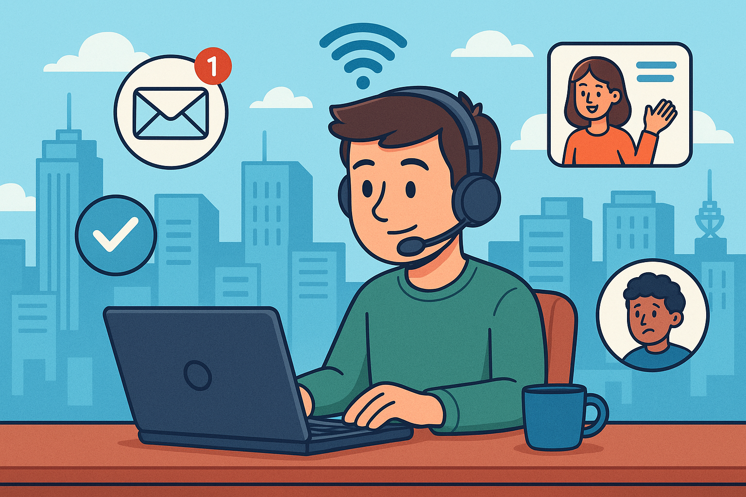 Illustration of customer support representative in a connected city skyline setting, with a focused mood.