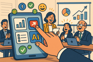 Illustration of hand interacting with virtual screen in a corporate meeting environment setting, with a happy mood.