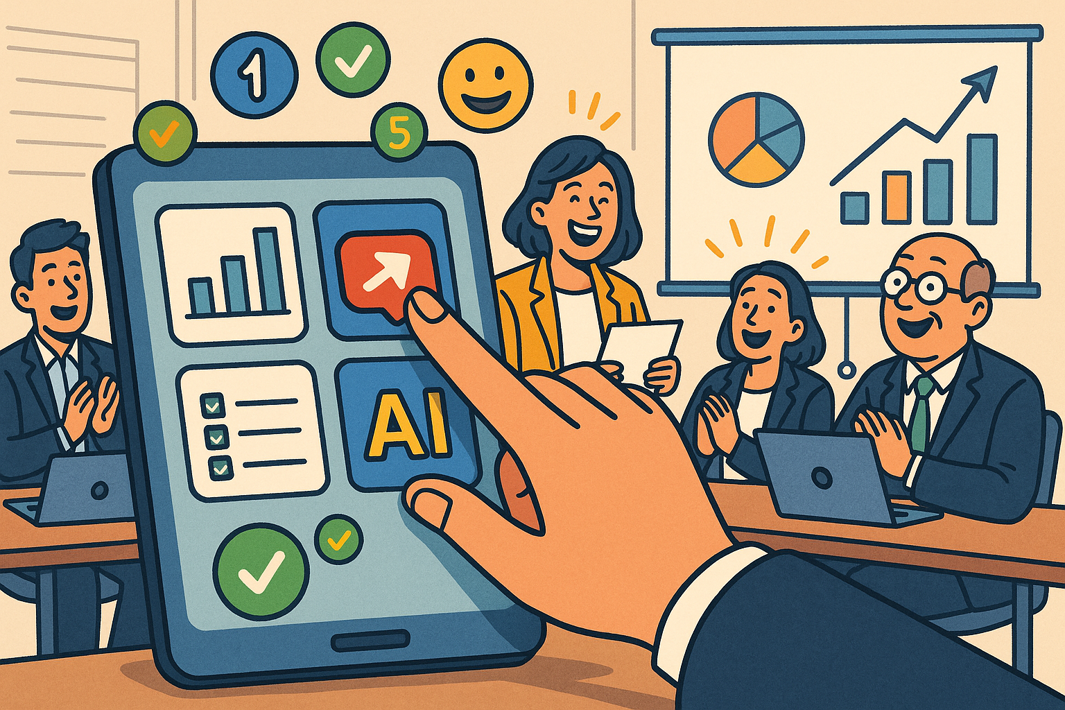 Illustration of hand interacting with virtual screen in a corporate meeting environment setting, with a happy mood.