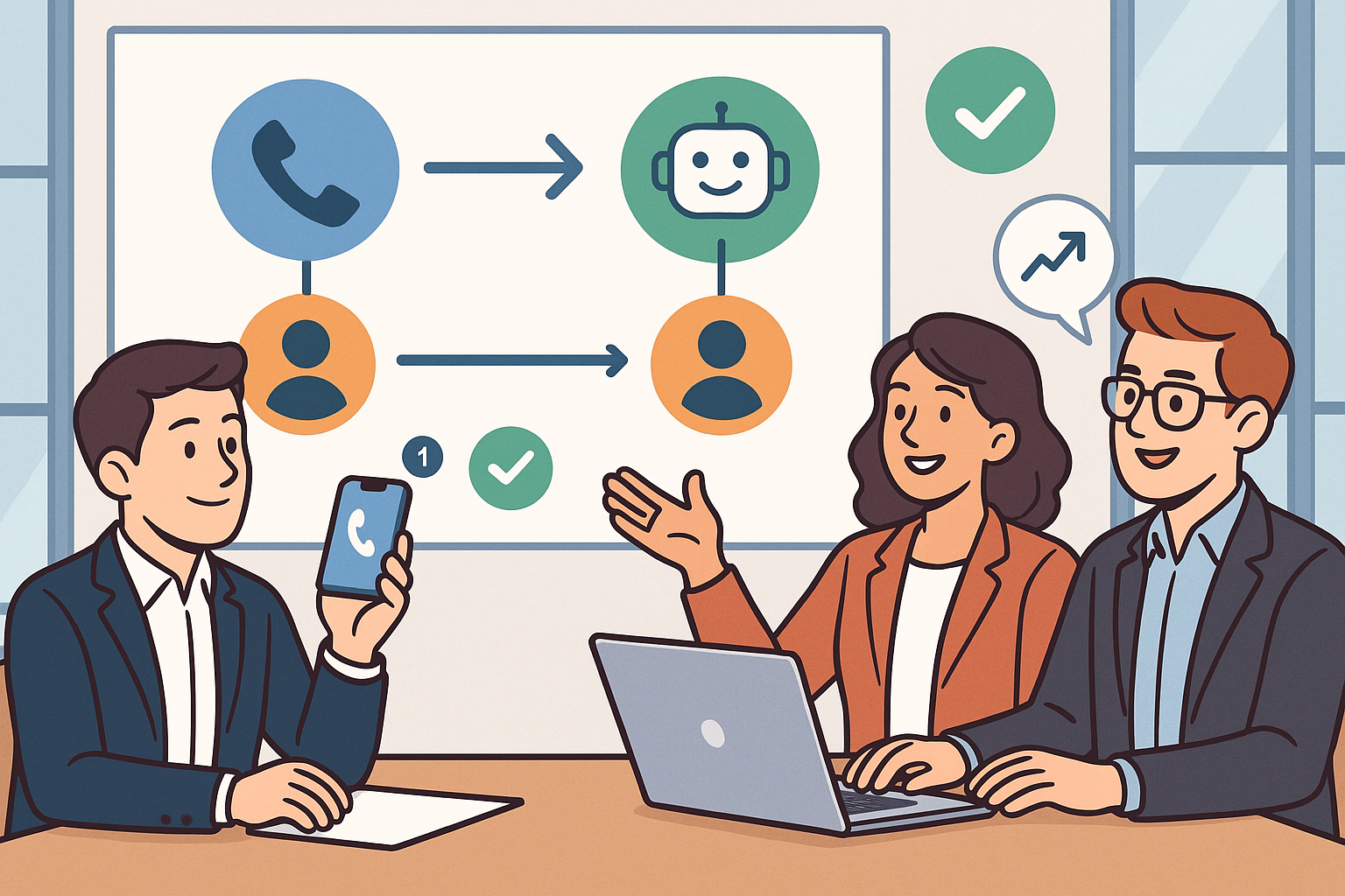Illustration of call flow diagram in a corporate meeting environment setting, with a relaxed mood.