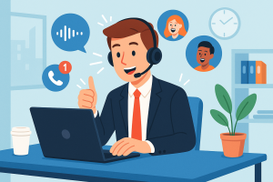 Illustration of business professional on headset in a modern office workspace setting, with a inspired mood.