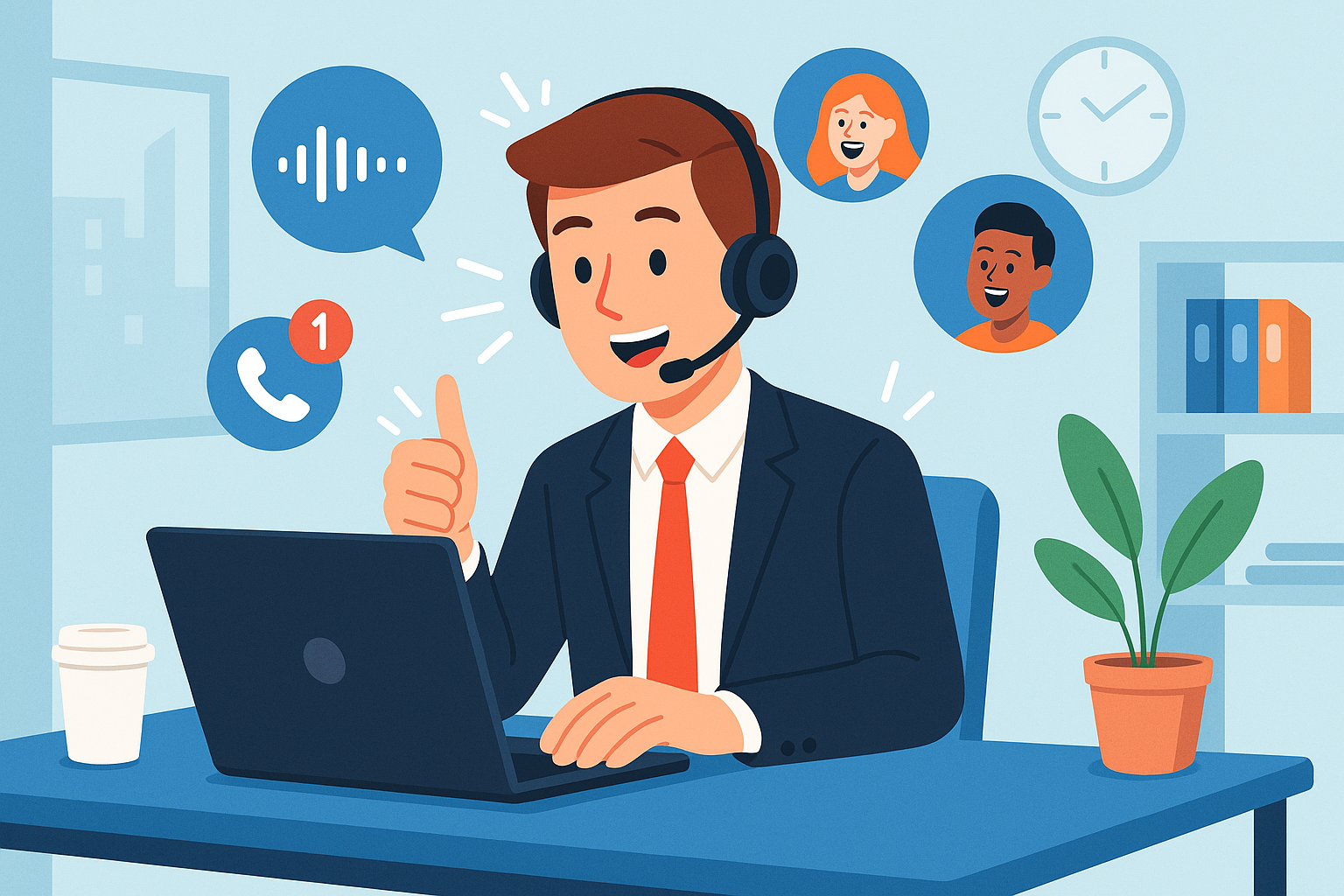 Illustration of business professional on headset in a modern office workspace setting, with a inspired mood.