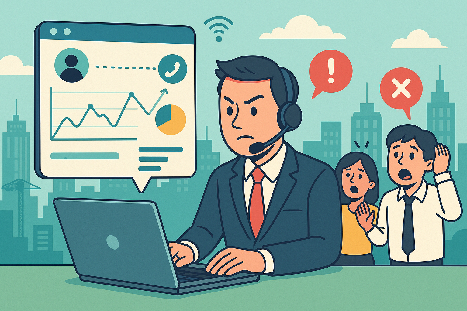 Illustration of digital interface with analytics in a connected city skyline setting, with a determined mood.