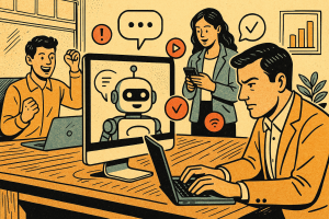 Illustration of ai robot speaking iconography in a modern office workspace setting, with a focused mood.