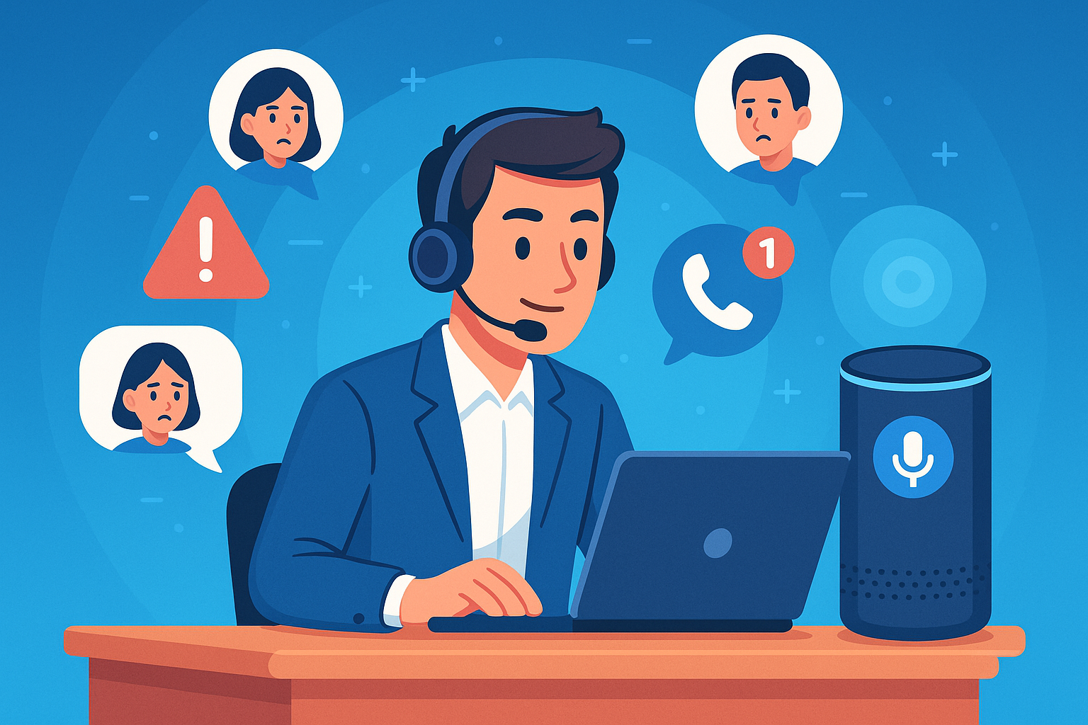 Illustration of customer support representative in a blue digital gradient setting, with a determined mood.