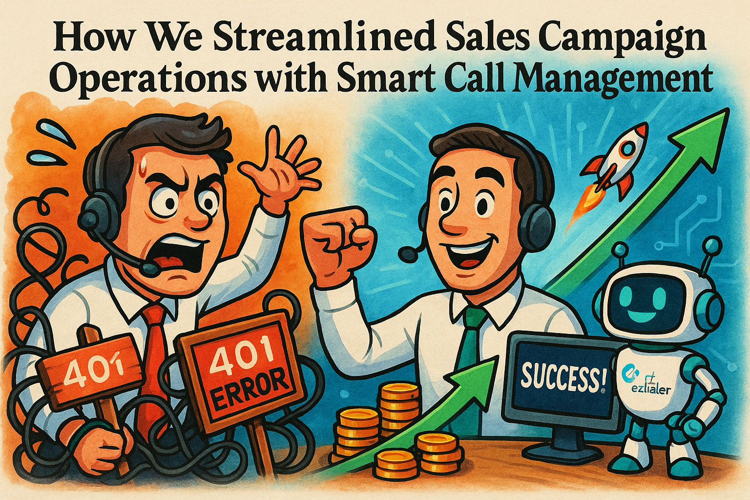 Illustration of business professional on headset in a blue digital gradient setting, with a determined mood.