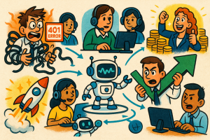 Illustration of call flow diagram in a high-tech workspace setting, with a determined mood.