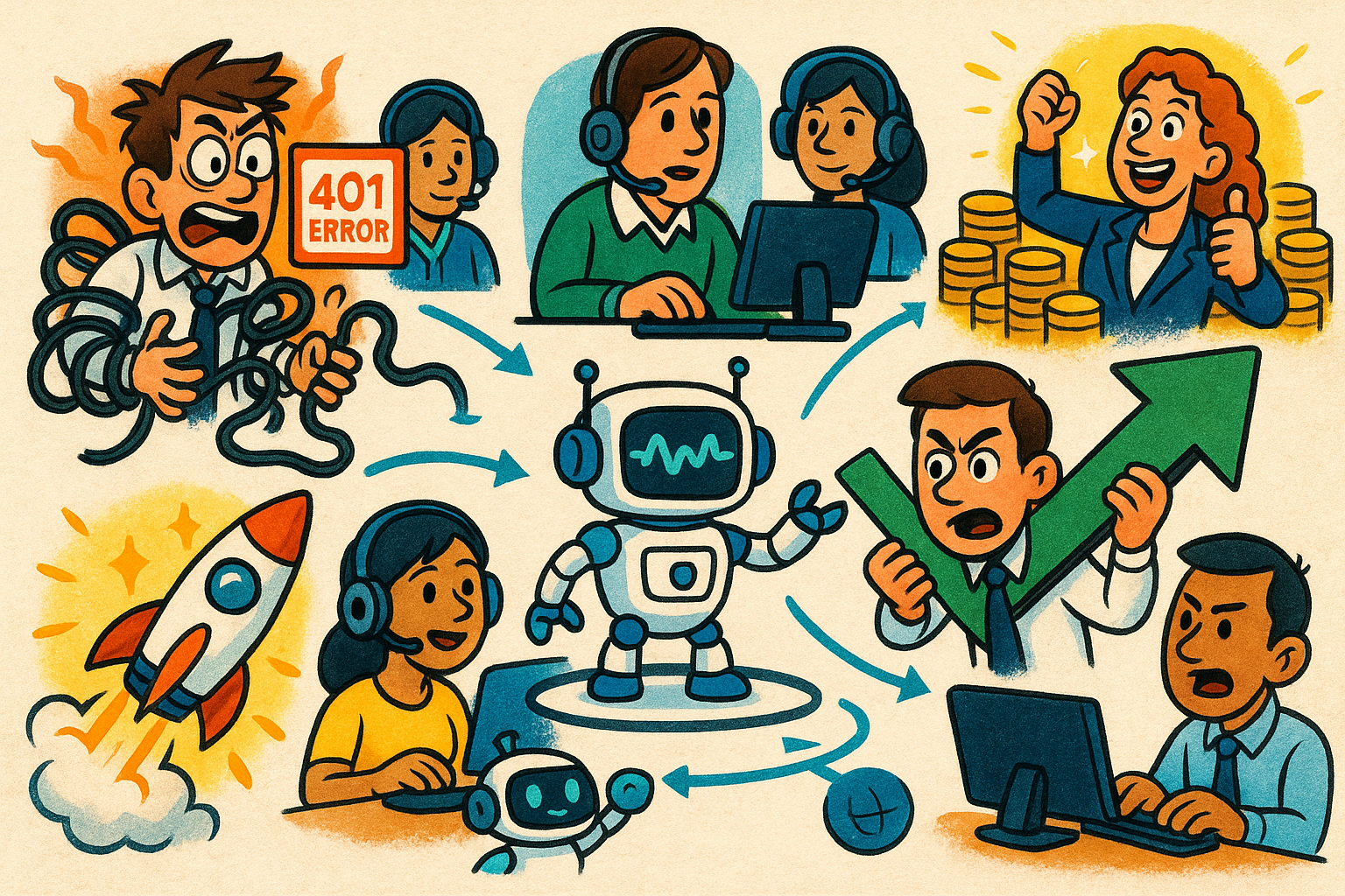 Illustration of call flow diagram in a high-tech workspace setting, with a determined mood.