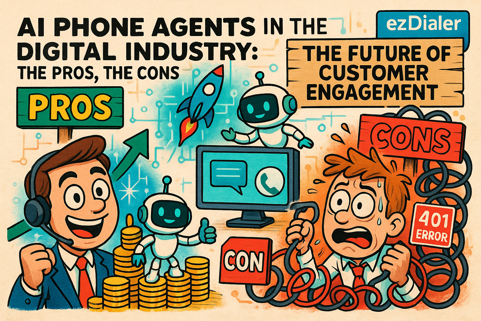 Illustration of customer support representative in a abstract ai network pattern setting, with a relaxed mood.