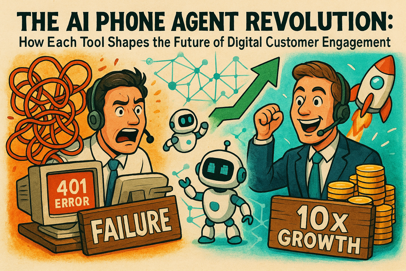 Illustration of customer support representative in a abstract ai network pattern setting, with a inspired mood.
